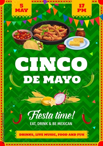 Cinco de Mayo mexican holiday flyer. Vector invitation for fiesta celebration with tex mex meals taco, fajitas, bean soup, corn, dragon or star fruit and sauce. Traditional Mexico party cartoon poster