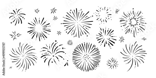 Doodle firework set. Shiny foreworks for parties and celebrations. Vector illustration isolated in white background