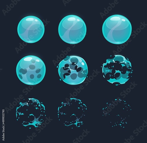 Soap bubble burst effect animated sprite. Vector storyboard for game animation. Water sphere explosion with splashes and drop splatters. Set of glossy blue balloons sequence explode frame