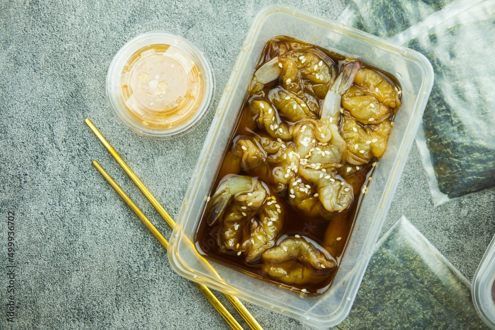 Korean style pickled prawns in box - Asian food style Korean style pickled prawns in box - Asian food style