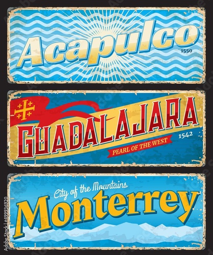 Monterrey, Guadalajara, Acapulco city travel plates and stickers. Mexican vacation journey vintage tin sign or retro banners with city flags. South America travel postcard or tourism grungy sticker