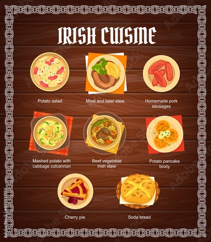 Irish cuisine restaurant dishes menu. Soda bread, beef vegetable Irish stew and cherry pie, potato salad, homemade pork sausages, and Boxty pancake, meat and beer stew vector. Irish food meals banner