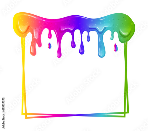 Square frame with a flowing rainbow slime. Dripping toxic viscous liquid on a black background. Vector cartoon illustration. 