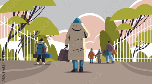 Ukrainian refugees with things fleeing russian aggression against Ukraine stop war concept people searching new homes