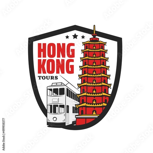 Ten thousand Buddhas monastery and double decker tram of Hong Kong vector travel landmark icon. Asian city tourism and tours to Hong Kong, national symbols of Buddhism pagoda and attractions