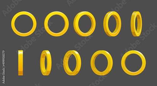 Golden ring rotate animated game sprite. Cartoon vector turning circles animation, ui sequence frame, gui design elements. Yellow gold glossy assets for user interface, isolated bonus or jewelry rings