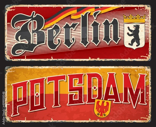 Berlin, Potsdam german city travel stickers and plates. German travel location, European vacation tourist tour vector tin sign or city postcard with flag, vintage typography and cities Coat of Arms