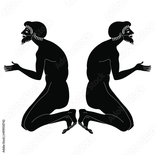 Symmetrical design with two kneeling bearded ancient Greek men. Vase painting style. Black and white negative silhouette.