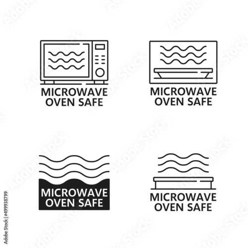 Microwave oven safe icons and signs. Vector electric oven, food cooking and heating containers with electromagnetic radiation waves, symbols of microwave safety for plastic or glass kitchen utensil