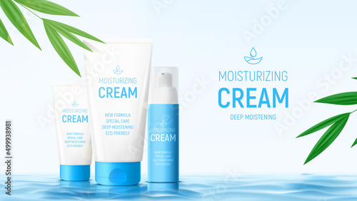 Ad banner with moisturizing face cream products. Vector illustration with containers of moisturizing cream on water surface. Concept of cosmetic products ad with tropical leaves on background.