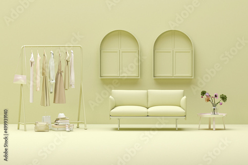 Clothes on grunge background, window and plants pot on olive green background. Collection of clothes hanging on a rack in neutral green colors. 3d rendering, store and bedroom concept, studio  © Tiviland