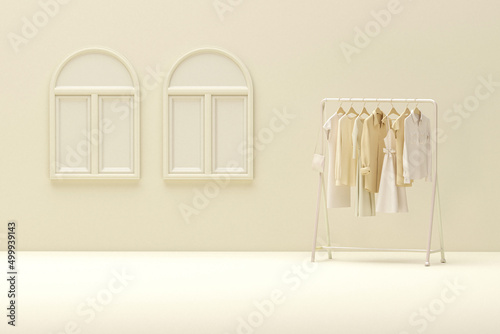 Clothes on grunge background  shelf and window on pastel beige background. Collection of clothes hanging on a rack in neutral cream colors. 3d rendering  store and bedroom concept  studio 