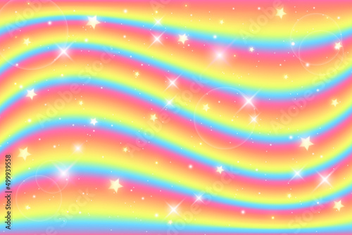 Fantasy rainbow background. Wavy pattern. Sky with stars. Vector