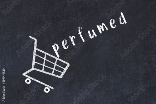 Chalk drawing of shopping cart and word perfumed on black chalboard. Concept of globalization and mass consuming