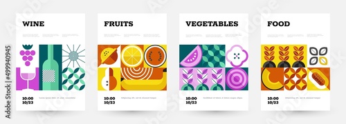 Geometric food poster. Abstract placard with minimalistic fruits and vegetables for food market and grocery. Vector set