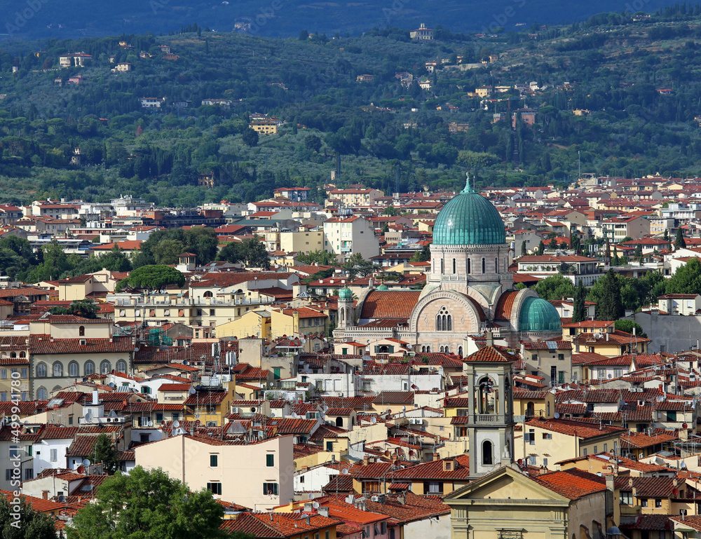 Dome of the synogogue of the city of Florence in Italy in the Tuscany Region and the roofs of the houses