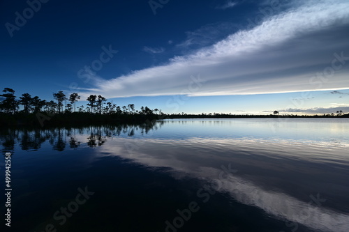 Beautiful late afternoon cloudscape over Pine Glades Lake in Everglades National Park  Florida reflected in lake s calm water.