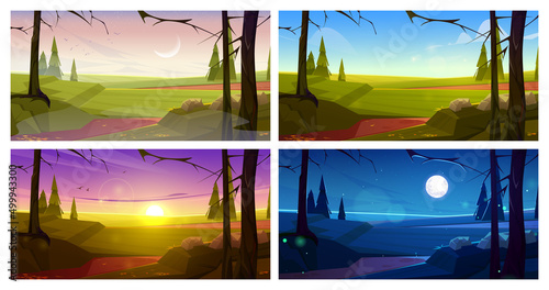 Autumn landscape with bare trees and firs at different time of day. Vector cartoon illustration of fall nature scene with coniferous trees on field in early morning, night, sunset, and noon