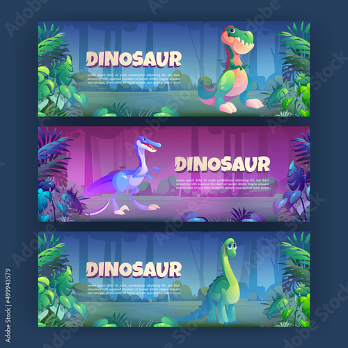 Cartoon banners with dinosaurs brontosaurus, tyrannosaurus rex and triceratops prehistoric animals in jungle rainforest. Invitation flyers to Jurassic era park with ancient dino, Vector illustration