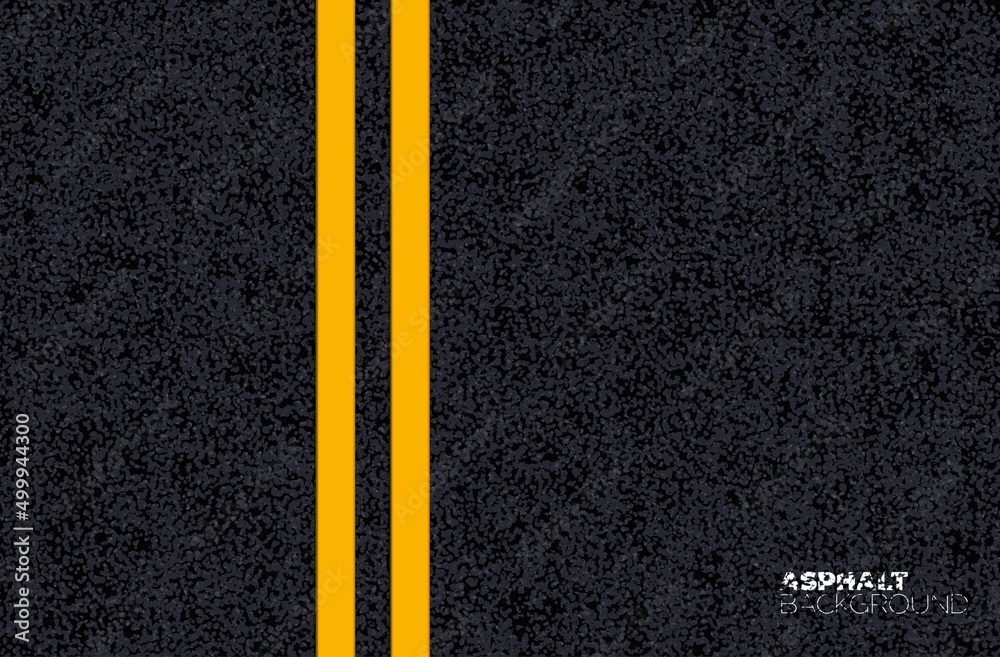 Asphalt road texture background, black tarmac surface. Realistic vector highway with double yellow line top view. Pathway with marking, pavement backdrop structure, roadway traffic direction - obrazy, fototapety, plakaty 