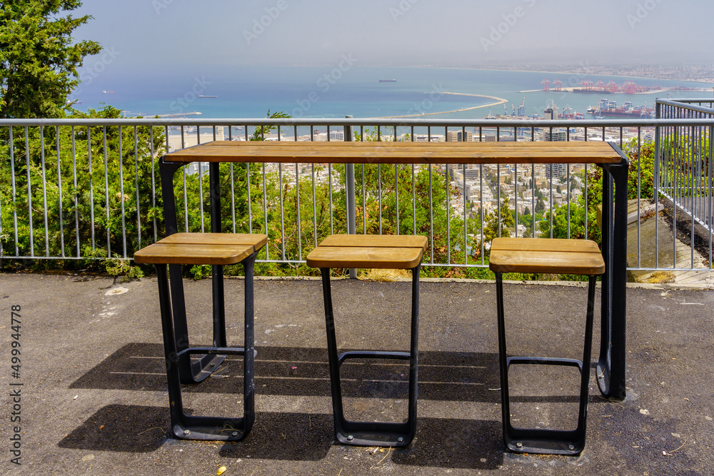 Seating area in the promenade, in Haifa