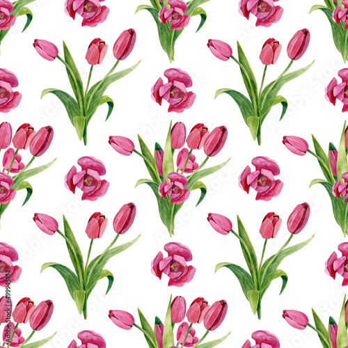 Watercolor pattern with a bouquet of tulips. Flowers on a stalk. Seamless texture on a white background.