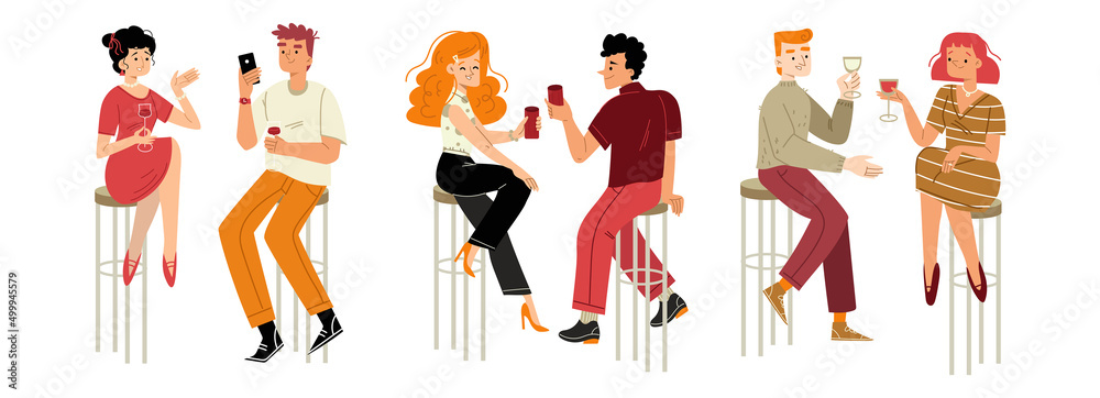 People drinking wine, dating, celebrate party. Couple male and female characters holding wineglasses sit on high chairs in bar communicate, laugh, drink alcohol Linear cartoon flat vector illustration People drinking wine, dating, celebrate party. Couple male and female characters holding wineglasses sit on high chairs in bar communicate, laugh, drink alcohol Linear cartoon flat vector illustration