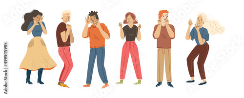 People afraid, terrified, in panic. Men and women characters with scared face expression. Vector flat illustration of group of person in shock, stress, frightened, nervous, and startled
