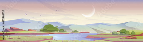 Cartoon early morning nature landscape green field with pond, grass, rocks under pink sky with crescent. Picturesque scenery background, natural dawn tranquil countryside scene, Vector illustration