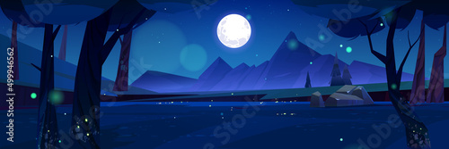 Cartoon nature night time landscape with rocks, trees, pond and field under full moon shining in starry sky Fototapete