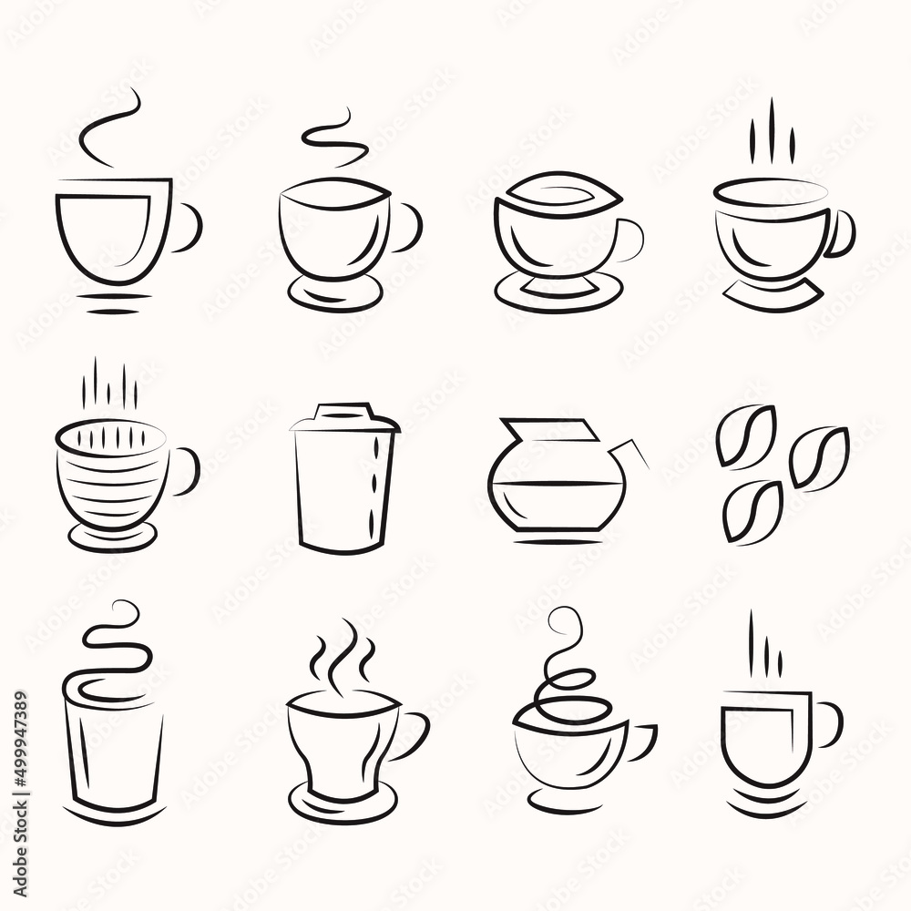 Collection of isolated coffee mugs and cups. Flat illustration. Aromatic hot coffee.