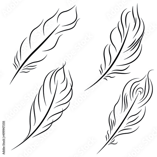 Collection of isolated feathers, stencil, tattoo. Black and white flat illustration.