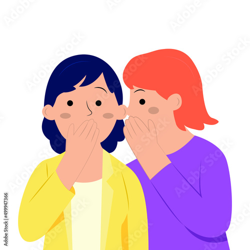 Gossip of two friends. Cartoon isolated characters. Colorful flat illustration. Whisper a secret in your ear.
