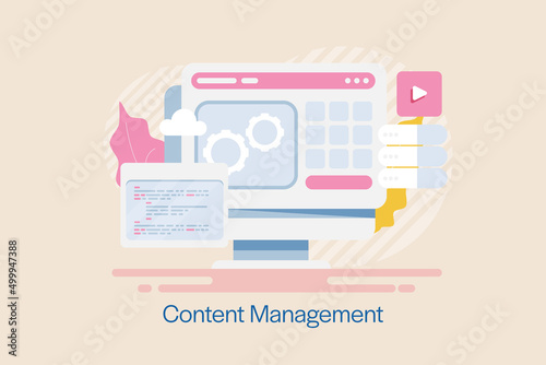 Content management software system, create, manage and edit online content with CMS technology, internet communication concept, web banner template.