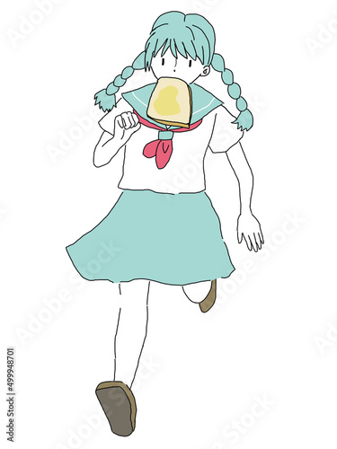 パンをくわえて走る少女のキャラクター2_デフォルメ_縦