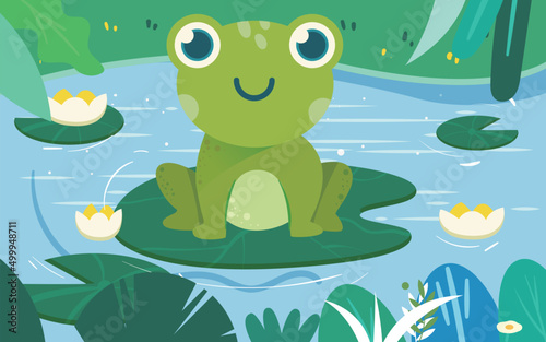 Wallpaper Mural Frog standing on a lotus leaf to cool off, river and plants in the background, v