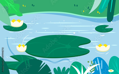 Frog standing on a lotus leaf to cool off, river and plants in the background, vector illustration
