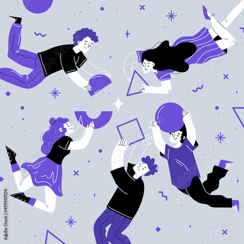Team collaboration linear concept with business people work together set up abstract geometric shapes flying in air. Employees teamwork cooperation, partnership, Line art flat vector illustration