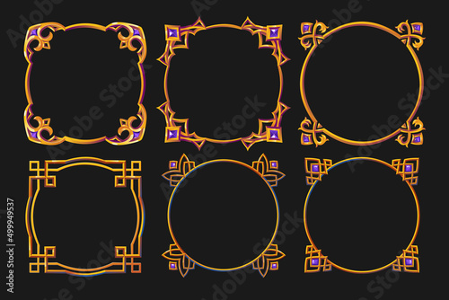 Set of golden frames, square and round borders with ornate metal rims and gem stones. Medieval cartoon game elements, empty metallic bordering with gemstones, isolated photoframes, Vector illustration