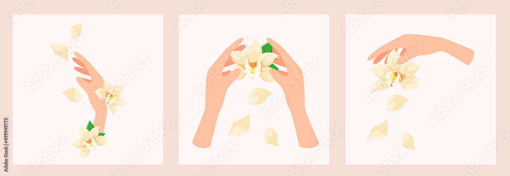 Women's hands with flowers and orchid petals. Cartoon design.
