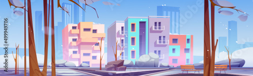 Winter city district, outdoor cityscape dwelling territory with modern houses architecture, park area at front yard with asphalted paves, snow, bare trees, bench and rocks Cartoon vector illustration