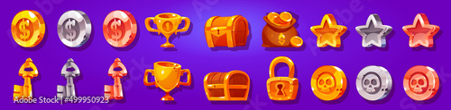 Game icons cartoon coins of gold, silver and bronze with skull or dollar. Golden trophy cup, rate stars, treasure chest, padlock and money sack. Award medals for user experience Vector gui graphic set