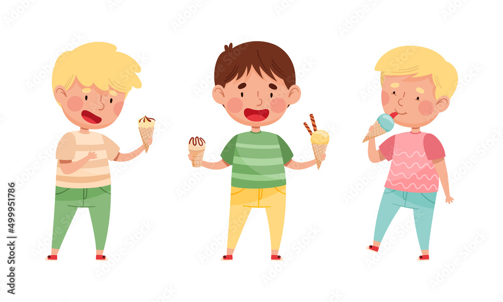 Cute boys enjoying of eating ice cream set. Happy kids feeling happy with their sweet desserts cartoon vector illustration Cute boys enjoying of eating ice cream set. Happy kids feeling happy with their sweet desserts cartoon vector illustration