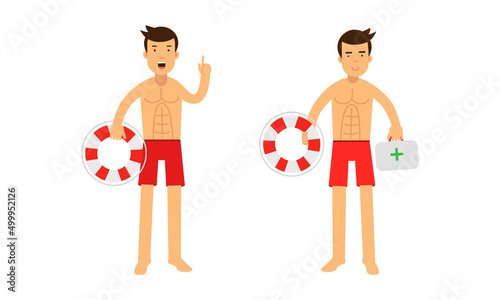 Male beach lifeguards in red swimwear standing with rescue buoys set. Men professional rescuers vector illustration