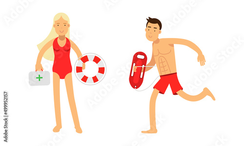 Lifeguards in red uniform with rescue buoys set. Man and woman rofessional rescuers at the beach vector illustration