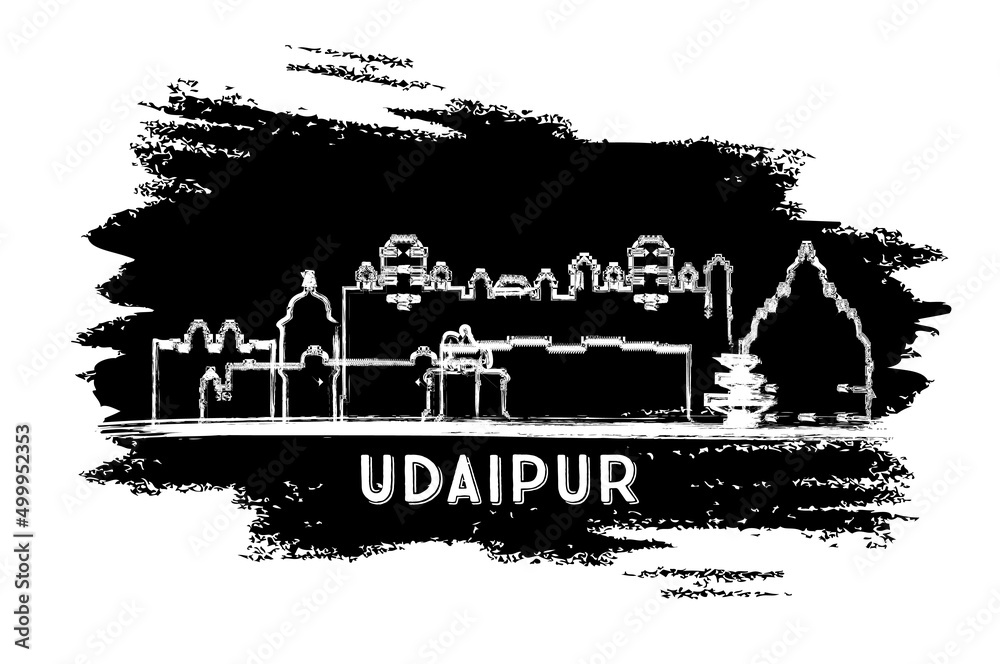 Udaipur India City Skyline Silhouette. Hand Drawn Sketch.