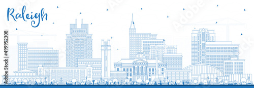 Outline Raleigh North Carolina City Skyline with Blue Buildings. photo