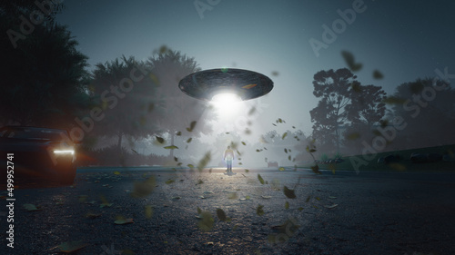 Canvastavla Man being abducted by UFO - Alien abduction concept. 3d rendering