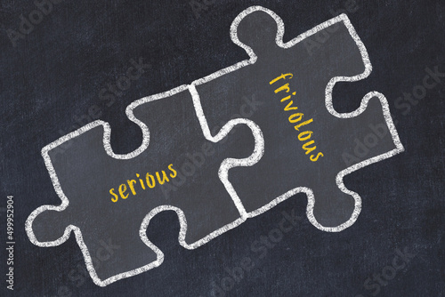 Concept of dealing with troubles. Chalk sketch of connecting puzzles with words serious and frivolous