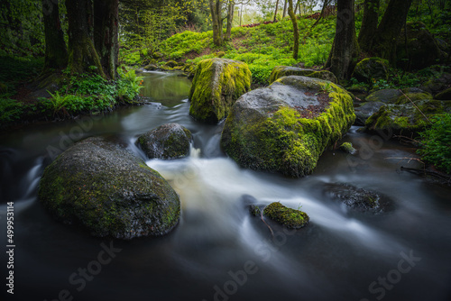 Green Waterfall River Rocks Covered With Green Moss Forest Waterfall. forest with a waterfall. Quiet and pleasant environment for tourism. Forest area with watercourse in Bavaria Germany